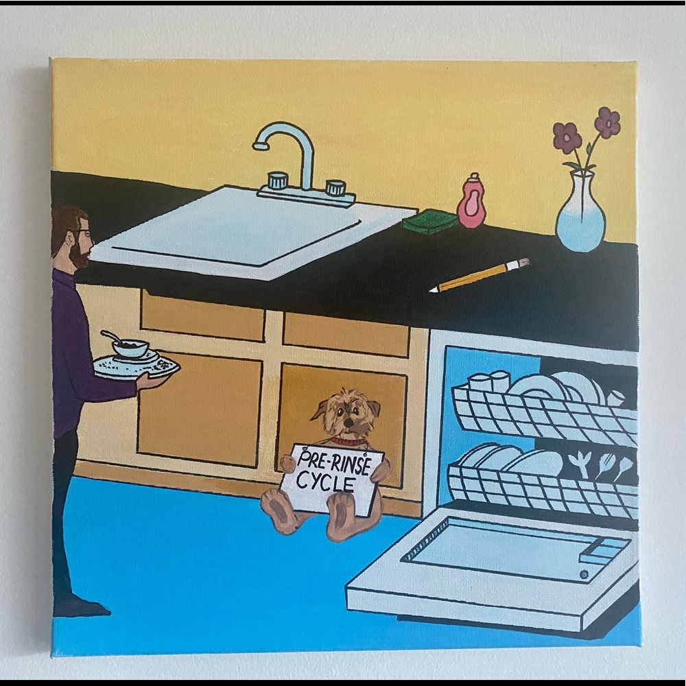Cartoon dog and kitchen scene painting
